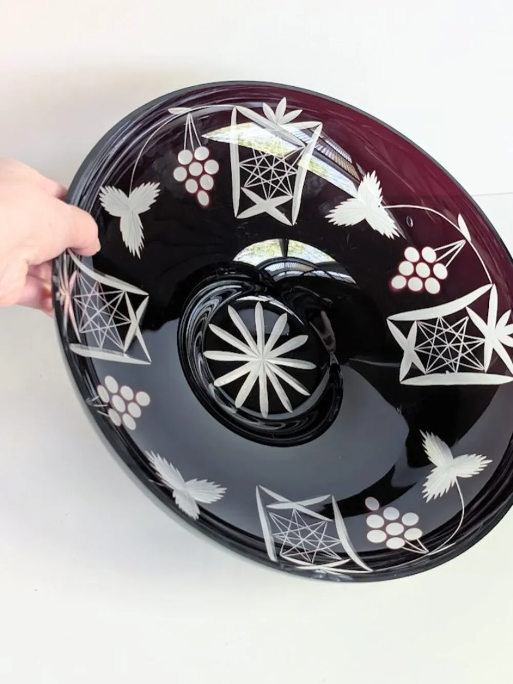 Vintage Dark Ruby Cut to Clear Crystal Fruit Bowl Dish Centerpiece 11.75